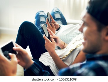 Friends Using Smartphone Together Home Stock Photo 1056311099 ...