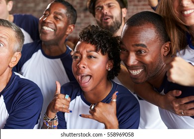 Friends Watching Game In Sports Bar Celebrating