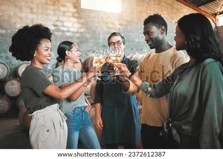 Friends wine tasting, giving cheers and toast celebrate with champagne glasses in cellar, distillery and brewery. Group of happy, diversity and smile people for event, social bonding and winery tour