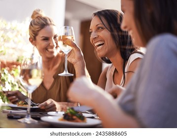 Friends, wine and women laughing at restaurant with drinking, bonding and relax outdoor in city for celebration. People, face and happy with alcohol at cafe for social gathering, funny gossip or joke - Powered by Shutterstock