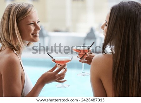 Friends, women and bonding with alcohol at pool, outdoors and drinking wine on vacation. People, communication and laughing for funny conversation on summer holiday, weekend trip and travel to resort