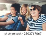 Friends, women and happy with driving car on speed for fun on roadtrip, travel and holiday in Spain. People, vehicle and excited or smile for transportation with laughing for vacation and adventure