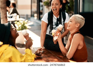 Friends, women and laughing in city for ice cream with dessert, summer snack and funny conversation outdoor. Group, people and happy with cone for relax, bonding and comic gossip story in urban town - Powered by Shutterstock