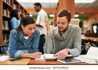 Friends, writing or students reading book in college for education, project or study at university library. Help, teamwork and people in school for research notes, learning course and scholarship - Powered by Shutterstock