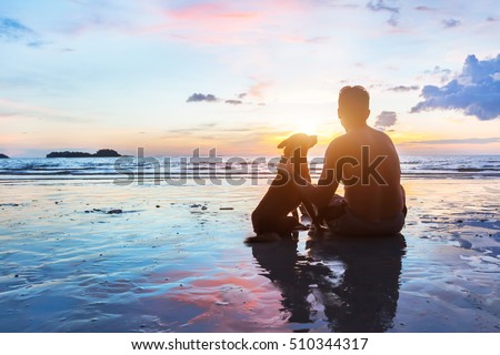 friendship concept, man and dog sitting together on the beach at sunset