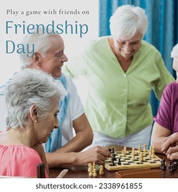 Friendship day text banner over group of diverse senior people playing chees at retirement home. friendship day and retirement concept - Powered by Shutterstock