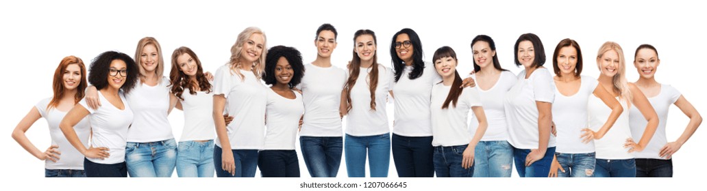 Friendship, Diverse, Body Positive And People Concept - Group Of Happy Different Size Women In White T-shirts Hugging