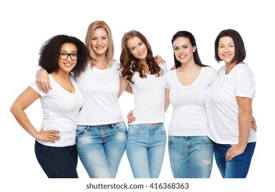 friendship, diverse, body positive and people concept - group of happy different size women in white t-shirts hugging
