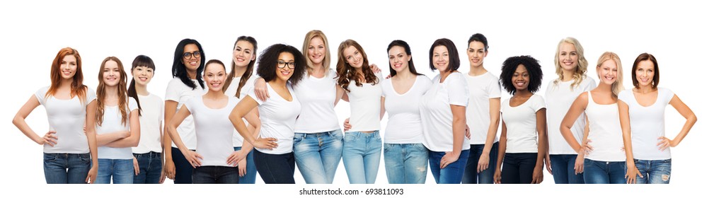 friendship, diverse, body positive and people concept - group of happy different age and ethnicity women in white t-shirts hugging