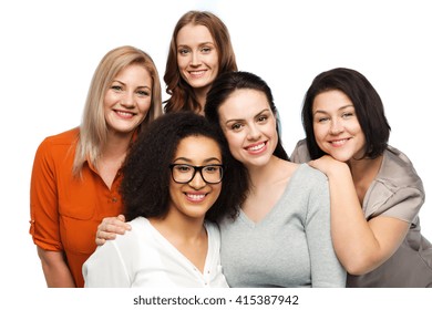 friendship, fashion, body positive, diverse and people concept - group of happy different women in casual clothes