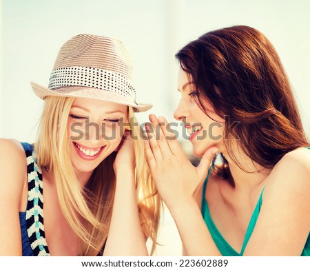 Similar – Image, Stock Photo smiling girls best friends lying on beach while looking camera