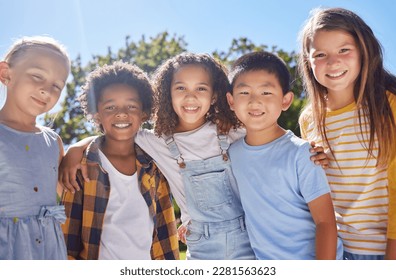 Friendship, kids and portrait of friends in a park playing together outdoor in nature. Happiness, diversity and children with a smile standing, embracing and bonding in a outside garden or playground - Shutterstock ID 2281563623