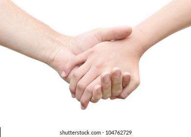 Friendship and love concept between man and woman - man's hand hold by a girl hand isolated on the white background