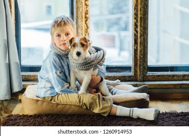 Friendship, Love Dog And Child Conept. Little Blond Boy Playing With His Dog. Blond Sweden Boy And Jack Russel Terrier Hugging And Wrap Up In Grey Knitted Scarf Near The Window In Winter Time At Home.