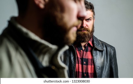 Friendship Trust And Support. Trustful Relations. Someone Behind You. Feel Support Of Real Friend. Man Bearded Guy Stand Behind Back Of Friend Hipster. True Friend Always Near. Stand Beside You.