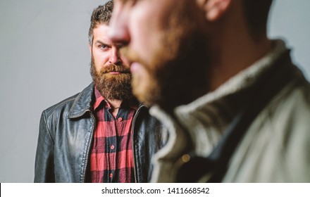 Friendship Trust And Support. Trustful Relations. Someone Behind You. Feel Support Of Real Friend. Man Bearded Guy Stand Behind Back Of Friend Hipster. True Friend Always Near. Stand Beside You.