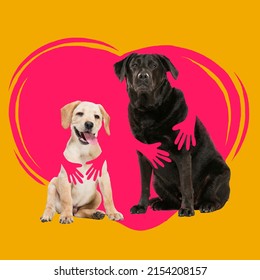 Frienship. Contemporary art collage with two cute dogs that is hugged by drawn human hands against background of drawn heart. Concept of care, love, vet, ad. Pets look happy, delighted - Shutterstock ID 2154208157