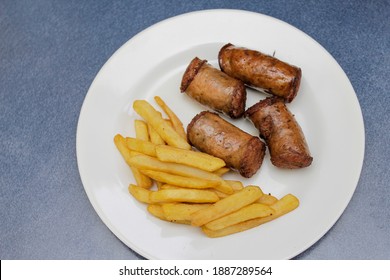 Fries Meal Food, Lunch In White Dish, Potato Fries, Served, Tasty Meat, Longaniza, Food Dominican 