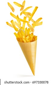 Fries Spilling Out A Paper Cone Isolated On White