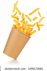 fries spilling out of a take-out paper cup tilted on white background	