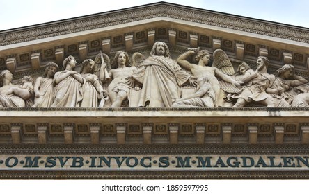 Frieze Close-up At Church Of La Madeleine. Last Judgment With Jesus Christ, Mary Magdalene, Angels And Archangels. Paris, France. 