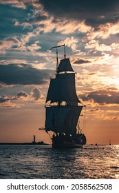The Frigate Shtandar in calm weather sailing sunset time Riga Latvia