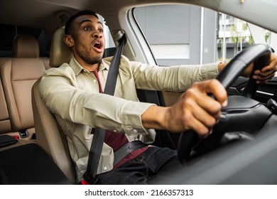 Frightened African American Man Driving Car At High Speed Crash Survivor Oops, Shock Reaction.