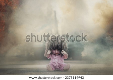 A frightened doll sits on the ground surrounded by fire and smoke. A child's toy on the background of an attacking tank. The concept of the horrors of military conflicts. War and children concept.