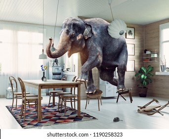 Frightened elephant runs from mouse to table. Photo and media mixed creative combination
