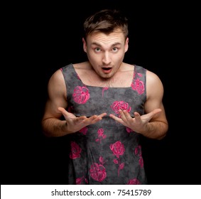 Frightened Man Dressed As Woman, Black Background