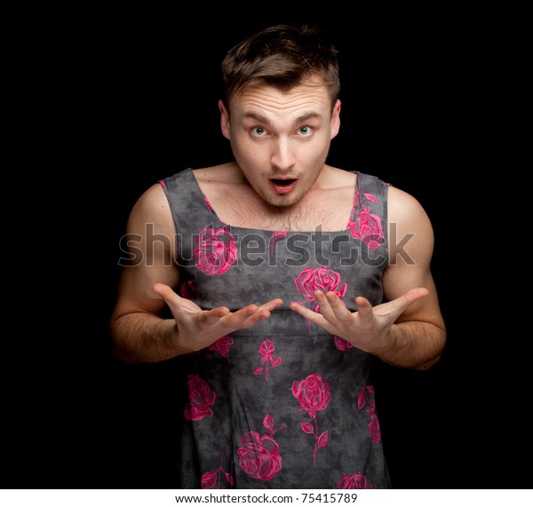 Frightened Man Dressed Woman Black Background Stock Photo Edit Now 75415789