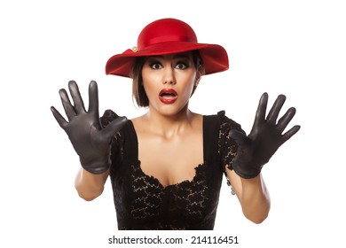 Frightened Woman With Red Hat And Leather Gloves
