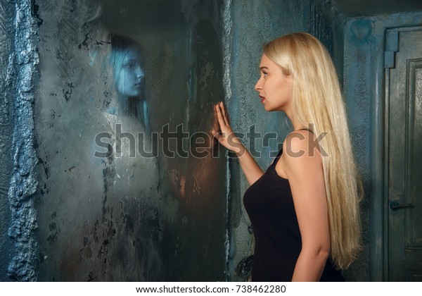 Frightened Young Woman Looking Mirror Seeing Stock Photo Edit Now