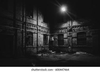 Frightening Abandoned Factory At Night In Black And White