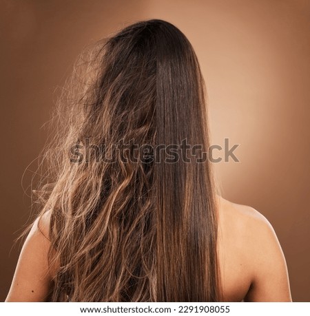 Frizz, heat damage and hair of a woman isolated on a brown background in a studio. Back, salon treatment and lady showing results from keratin treatment, before and after a hairdresser procedure