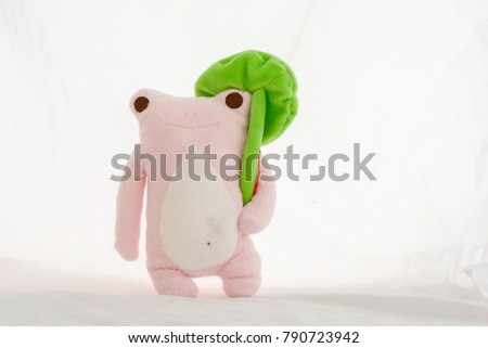 Frog doll with lotus leaf  on a white background