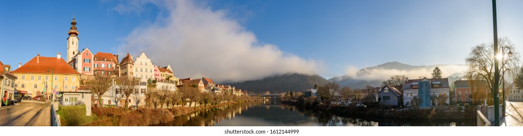 Frohnleiten Panorama Small City Above Mur River In Styria,Austria. View At Parish Church, Town And River Mur. Famous Travel Destination.