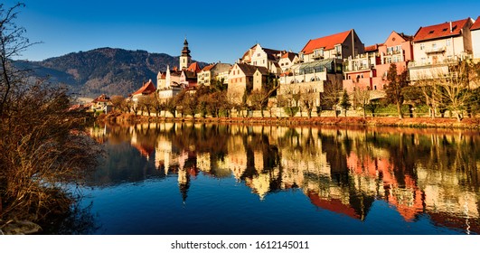 Frohnleiten Panorama Small City Above Mur River In Styria,Austria. View At Parish Church, Town And River Mur. Famous Travel Destination.