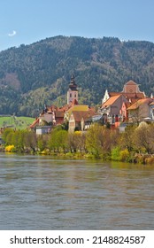 Frohnleiten - Small Town Above Mur River In Styria, Austria. View At Parish Church, Town And River Mur. Famous Travel Destination.