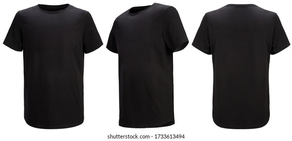 Front, 3/4, back views of black t-shirt isolated on white background with paths. Regular style.