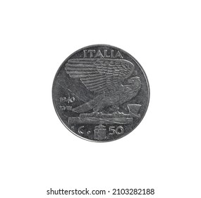 Front of 50 centesimi made by Italy in 1940, that shows An Eagle on a Fasces
