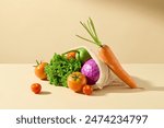 Front angle shot of vegetables on a yellow background, a variety of fresh greens placed in a white mesh bag in the center of your face, surrounded by empty space to add design elements