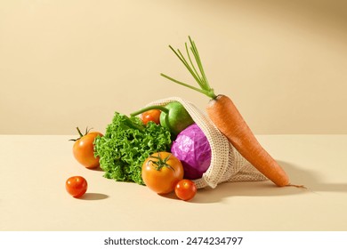 Front angle shot of vegetables on a yellow background, a variety of fresh greens placed in a white mesh bag in the center of your face, surrounded by empty space to add design elements - Powered by Shutterstock