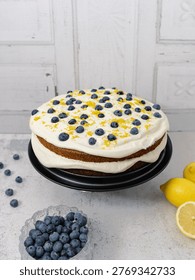 Front angle view of decorated cake with cream frosting and blueberries styled with fresh frui