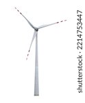 Front and angle view of the wind turbine. Alternative renewable energy generation, green energy concept. realistic windmill with white blades isolated on transparent background
