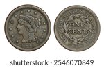 Front and back of 1851 U.S. copper large cent. Mature head variety (1843-1857) of Coronet series (1819-1857) which was made until small penny issue was introduced in 1857. Isolated on white.