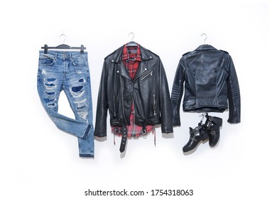 Black Leather Punk Jacket Jeans 