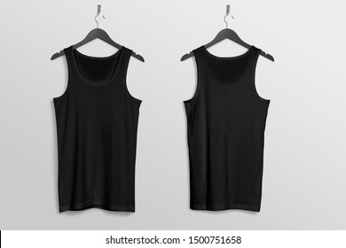 Front Back Black Tank Top Mockup Hanging On Wall Black Hanger 