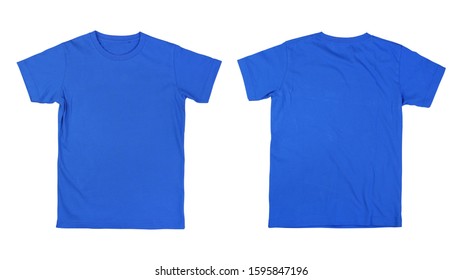 Front And Back Blue Tshirt On White Background