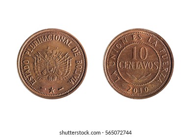 Front And Back Of A Bolivian Dime On White Background